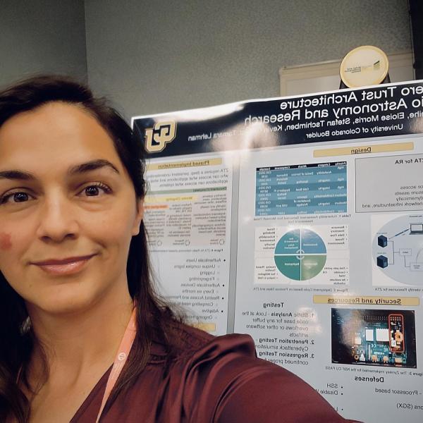 Sylvia Llosa (pictured), Georgiana Weihe, Eloise Morris, Kevin Gifford, and T. Lehman's poster "Zero Trust Architecture for Radio Astronomy and Research", presented at the IEEE Secure Development Conference, 2022.