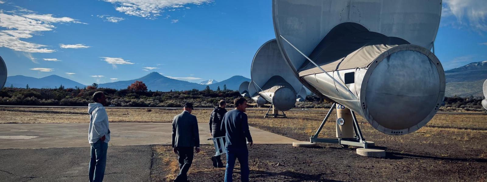 Arvind Aradhya, Kevin Gifford, Alex Pollak, and David DeBoer walking the Hat Creek Radio Observatory site.