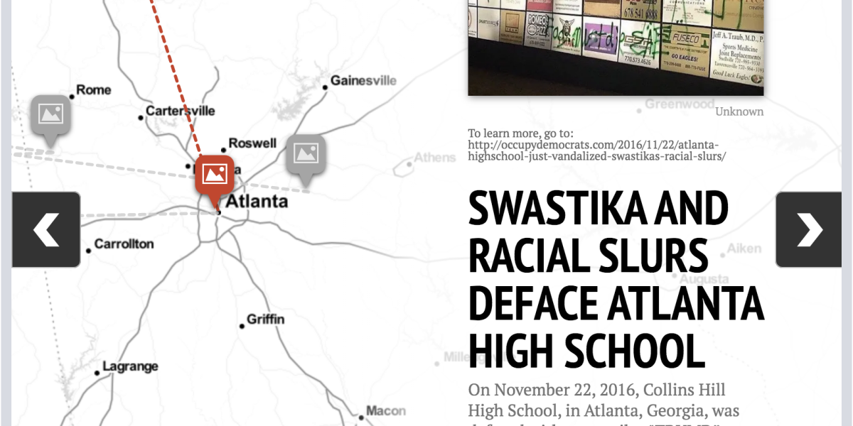 Map of Atlanta region with picture and headline related to swastika incident at an Atlanta high school in 2016.