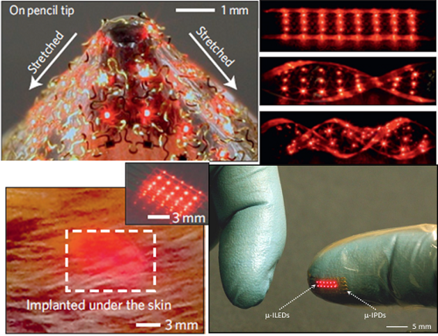 close ups of stretchable inorganic LTDs on a pencil tip, by themselves, under skin, and on a finger.
