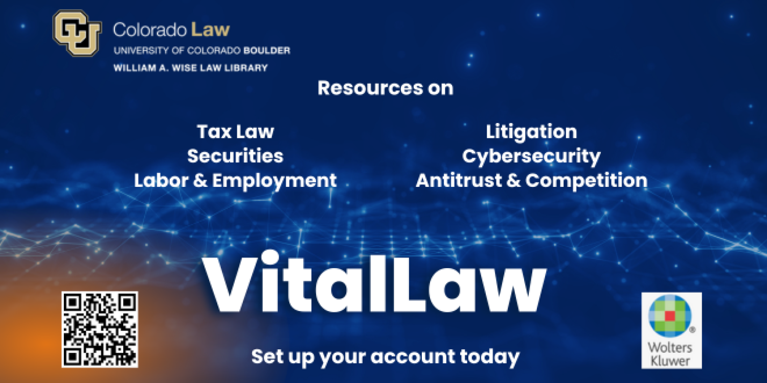 card with text: "resources on tax law, securities, labor & employment, litigation, cybersecurity, antitrust & competition. VitalLaw. set up your account today."
