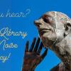 statue holding hand to its ear next to text saying "Did you hear? The Law Library has a Noise Policy!"