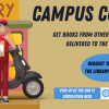 slide image saying "Campus Courier: get books from other campus libraries delivered to the law library! Request through the library catalog. Pick up at the 2nd floor circulation desk. libcat.colorado.edu." with image of a man on a moped delivering books to a library