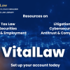 card with text: "resources on tax law, securities, labor & employment, litigation, cybersecurity, antitrust & competition. VitalLaw. set up your account today."