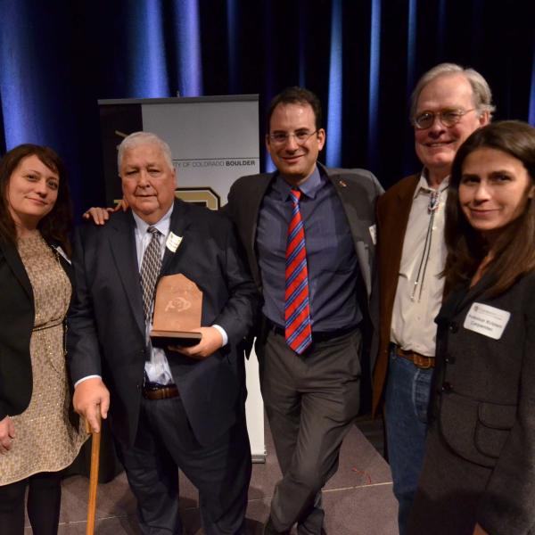 Clinical Professor Carla Fredericks, Thomas W. Fredericks (72), Dean Phil Weiser, Professor Charles Wilkinson, and Professor Kristen Carpenter