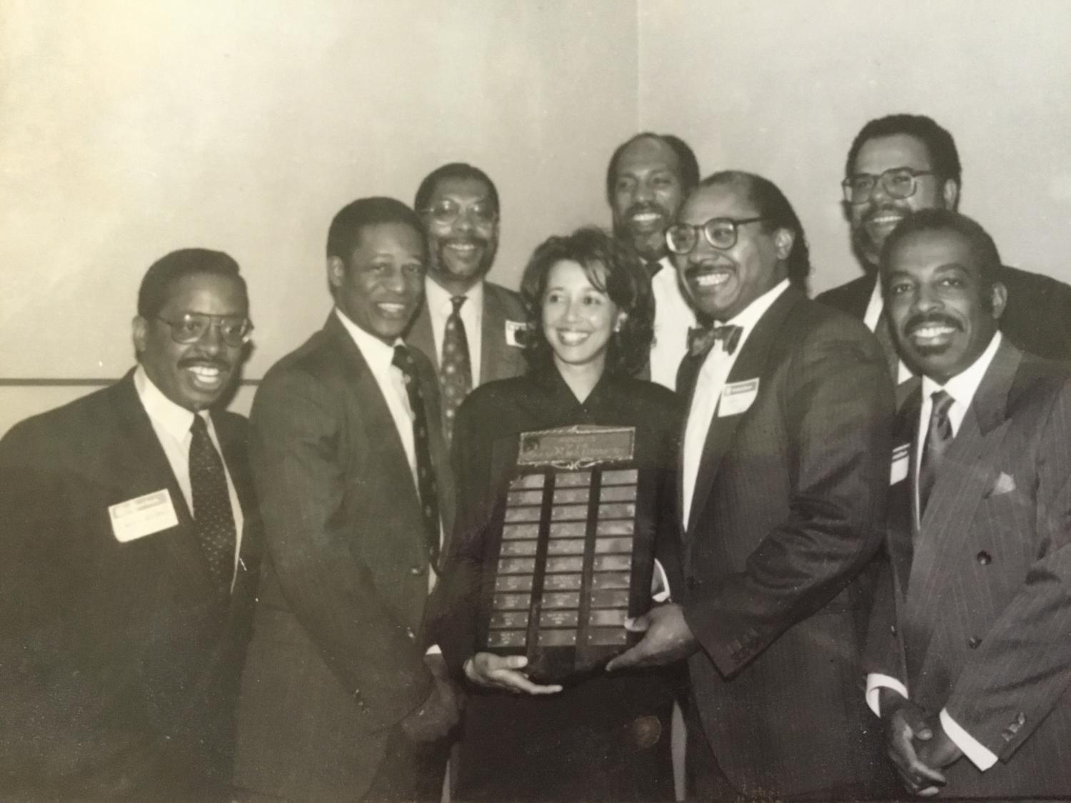 Former presidents of the Sam Cary Bar Association, from left to right, Wally Worthan, Hubert Farbes, Earle Jones, Linda Wade Hurd, William Harold Flowers, Jr., Honorable Ray Dean Jones, Honorable Gary M. Jackson and Honorable Wiley Y. Daniel.