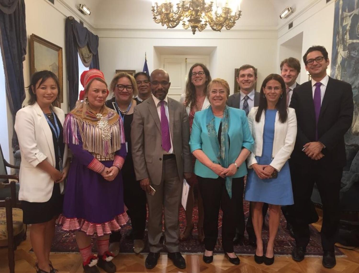 Kristen Carpenter, members of the U.N. Expert Mechanism, and President of Chile Michelle Bachelet