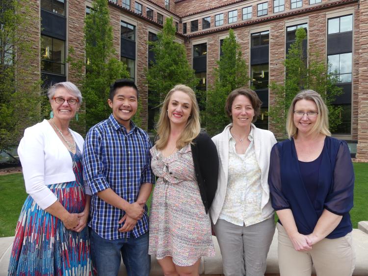 Organizers of the Name Change Clinic Deborah Cantrell, Jordan Blisk, Amanda Bauer, Colene Robinson, and Carrie Armknecht outside the Wolf Law Building