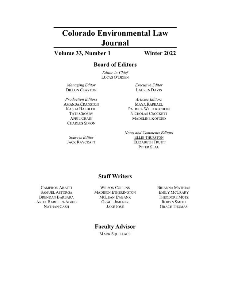 Colorado Environmental Law Journal Vol 33