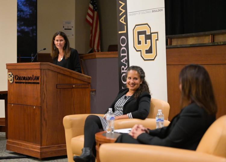 Professors Carpenter and Malveaux in conversation with Chief Justice Riley