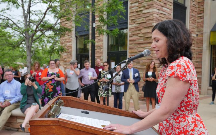 Jacki Cooper Melmed ('03), chief legal counsel to Governor John W. Hickenlooper, reading aloud the proclamation issued by Governor Hickenlooper declaring June 8, 2017 “125th Anniversary of University of Colorado Law School Day.”