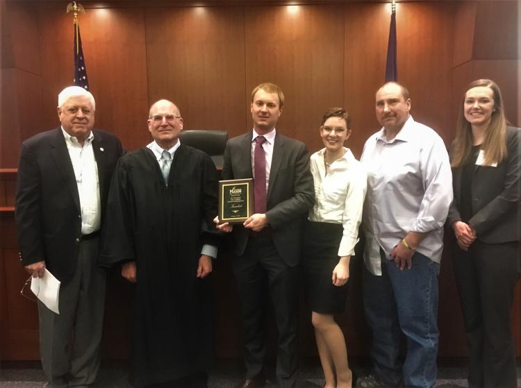 L-R: Judge Jonathan Thacher, Judge Randy Bellows, Nicholas Monck ('19), Blaire Bayliss ('20), coach Ken Kupfner ('98), and Lauren Atzenbeck ('20).