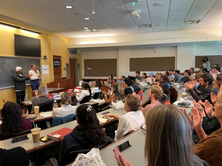Korey Wise speaks to classroom full of students