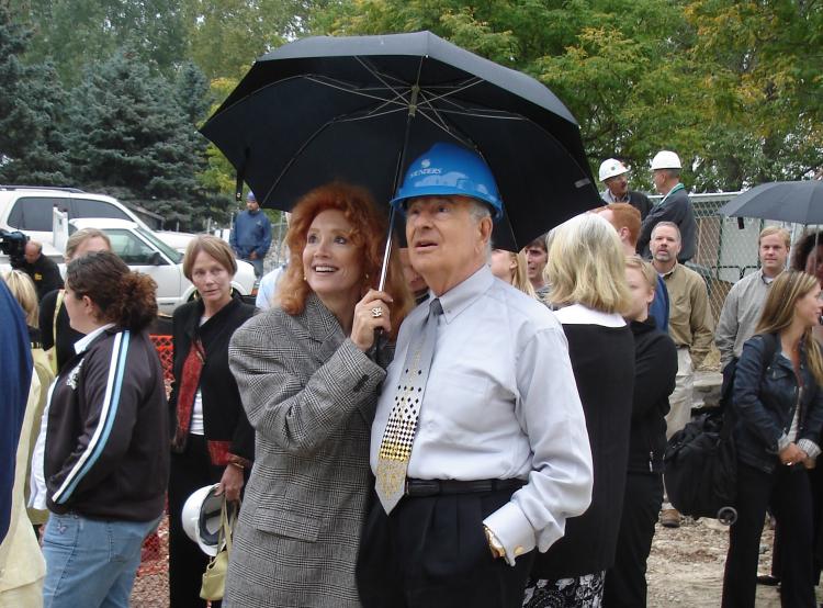 Marvin and Judi Wolf watching the topping out of the new Wolf Law Building in 2005.