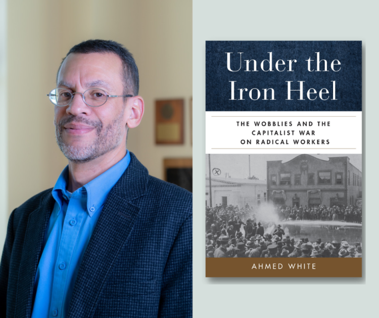 Portrait of Professor Ahmed White next to book cover