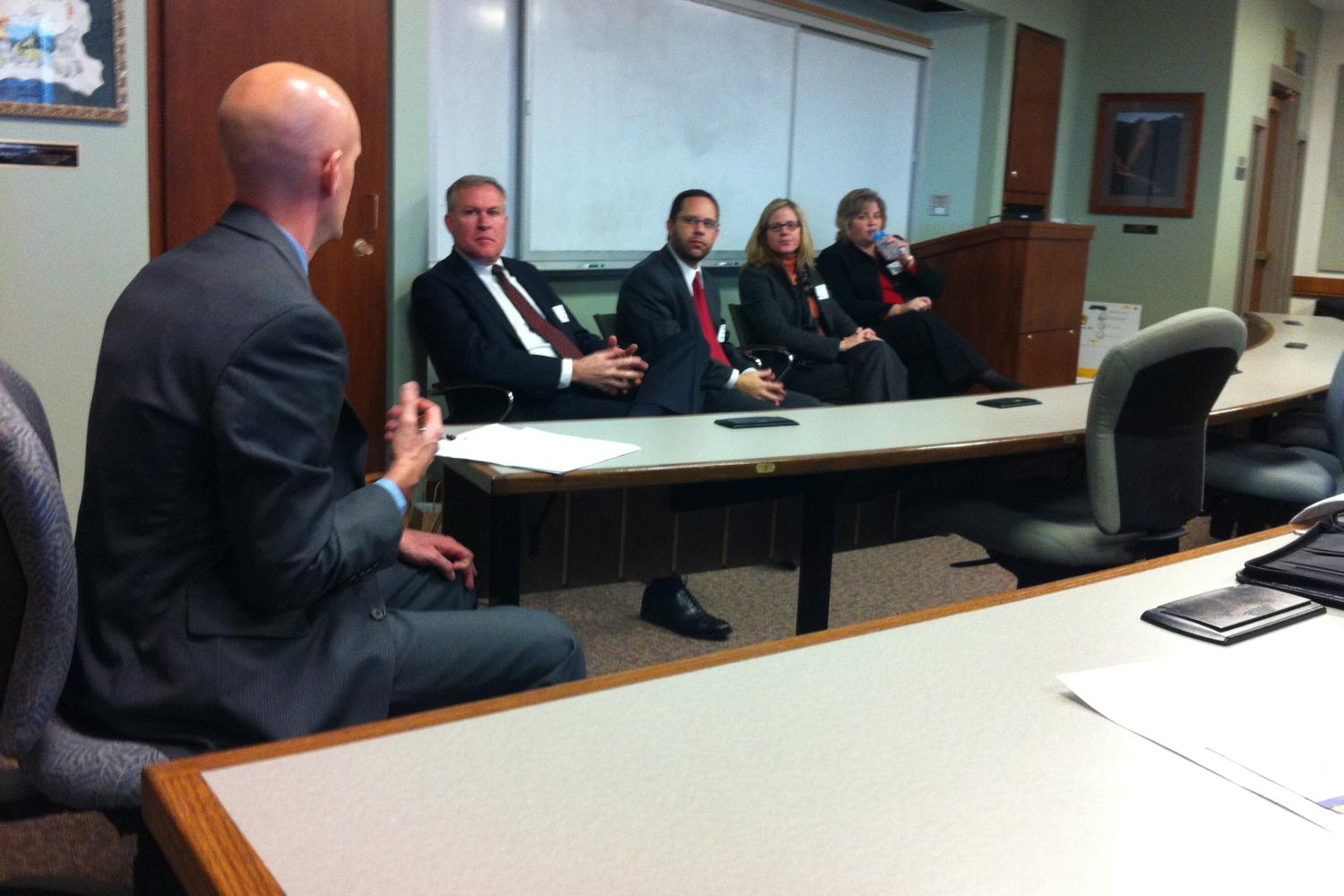 Todd Rogers moderates as Bruce Dahl (Fennemore Craig), David Thrower (Dietze & Davis), Kim Lord (Packard Dierking), and Jane Young (McElroy Deutsch Mulvaney & Carpenter) speak at the Business of Law/Law Firm Economics Panel.