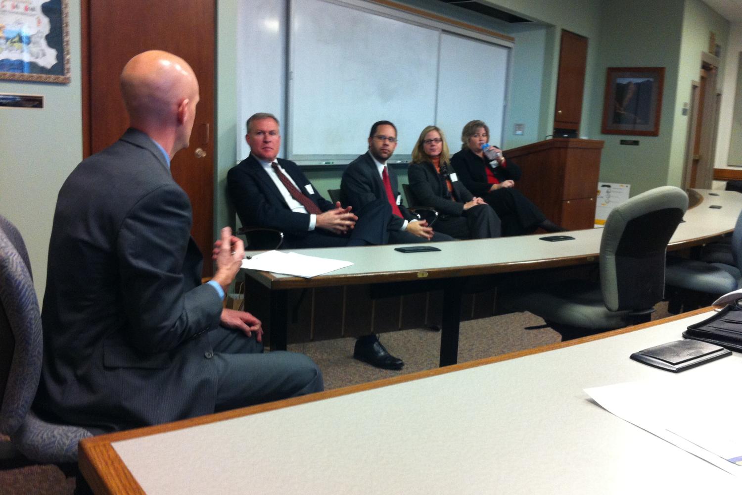 Todd Rogers moderates as Bruce Dahl (Fennemore Craig), David Thrower (Dietze & Davis), Kim Lord (Packard Dierking), and Jane Young (McElroy Deutsch Mulvaney & Carpenter) speak at the Business of Law/Law Firm Economics Panel.