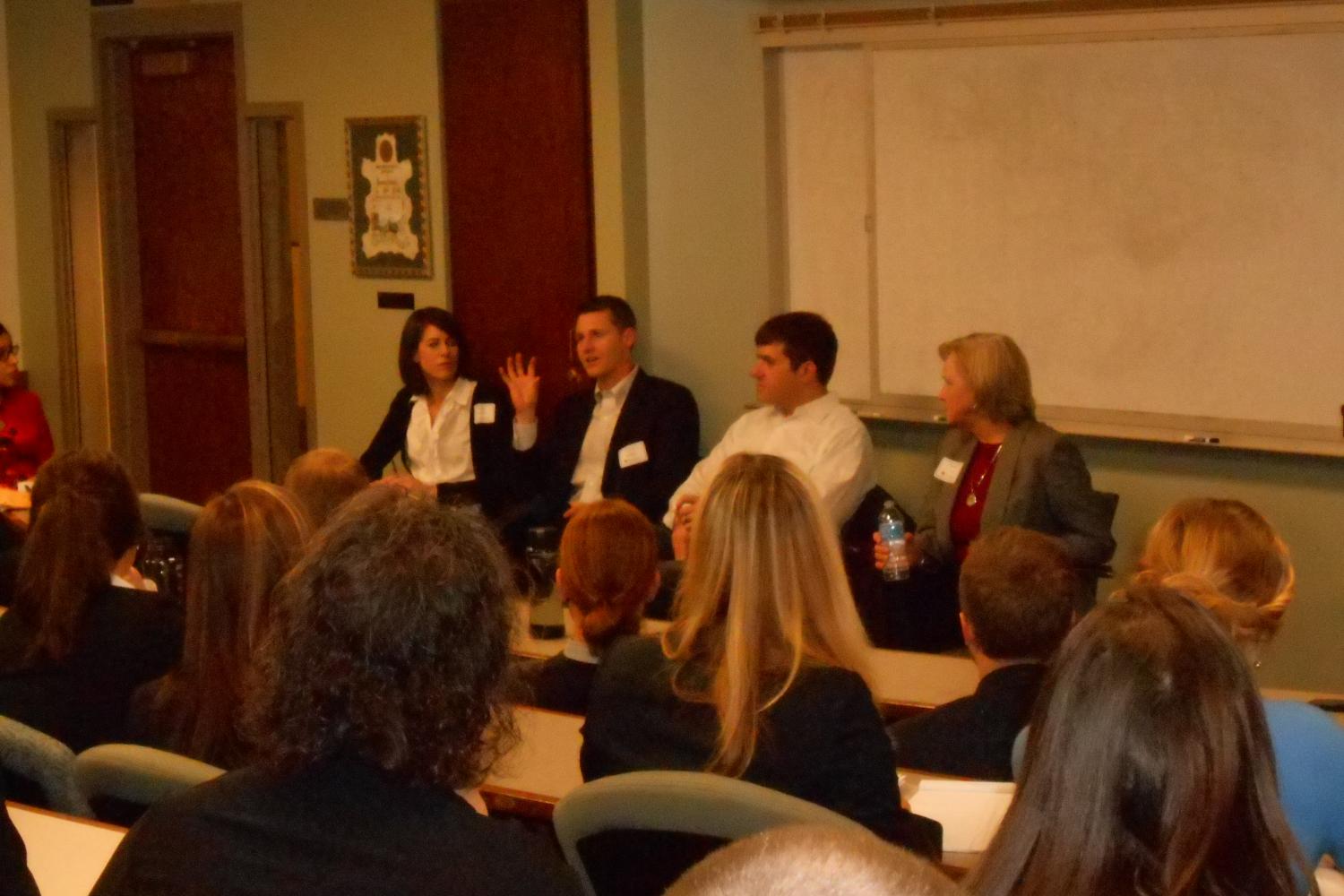 Amy Griffin (Colorado Law), Chris Achatz (IHS, Inc.), Justin Konrad (Hutchinson Black & Cook), and Marti Cardi (Reed Group) speak at the panel on How to Make and Develop Professional Connections.