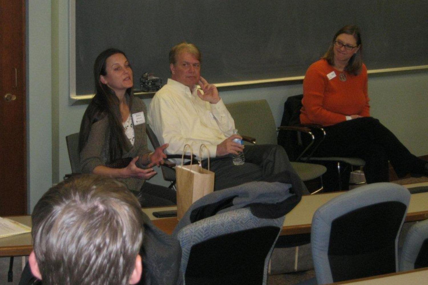 Mindy Barton (GLBT Community Center of Colorado), Eric Huber (Sierra Club), and Abbie Johnson (Rocky Mountain Immigrant Advocacy Network) speak at the Public Interest Law Panel.