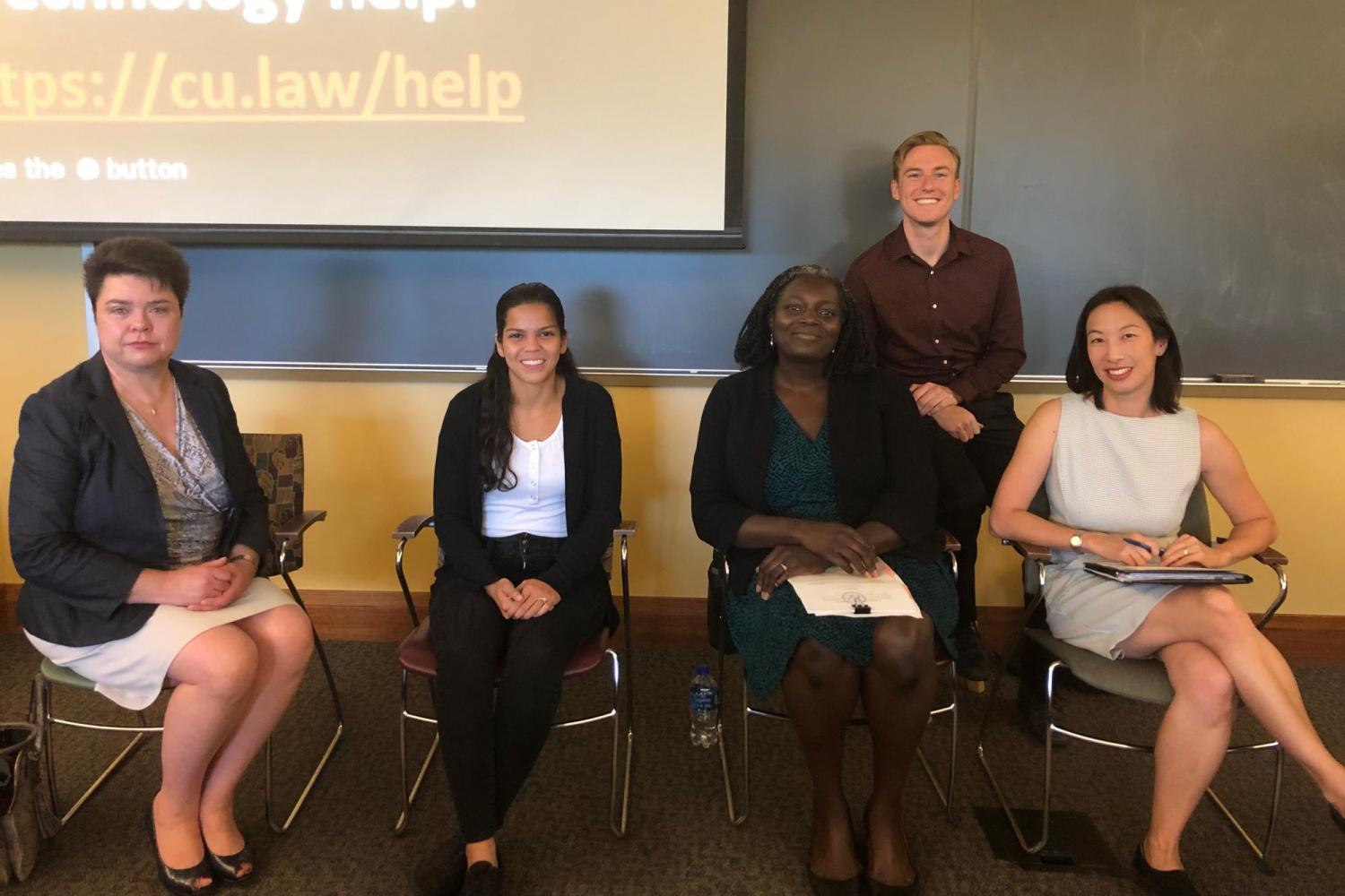 Citizenship Day 2019 Panel Discussion for Immigration Law and Policy Society. L-R Jennifer Kain-Rios, Nicole Soto Quintero (Class of 2021), Atim Otii, Hunter Knapp (Class of 2020, ILPS Board), Ming Hsu Chen (ILPS Faculty-Advisor)