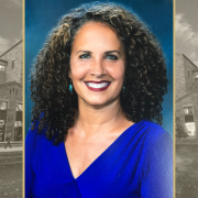 Headshot of Professor Suzette Malveaux with stylized image Wolf Law building in background