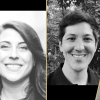 Portraits of new faculty hires on graphic background