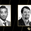 Portraits of new faculty hires on graphic background