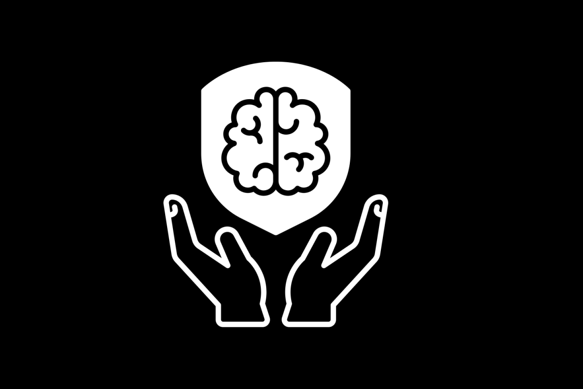 A brain in a shield with hands holding it up icon