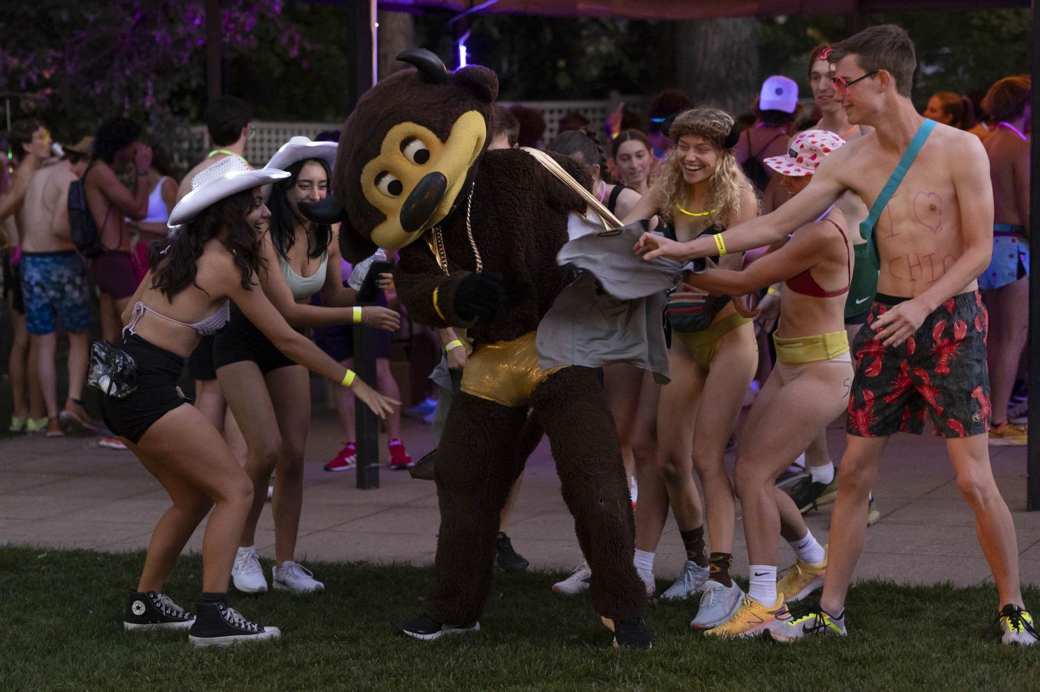 The CU mascot Chip surrounded by students in their underwear fighting over clothing