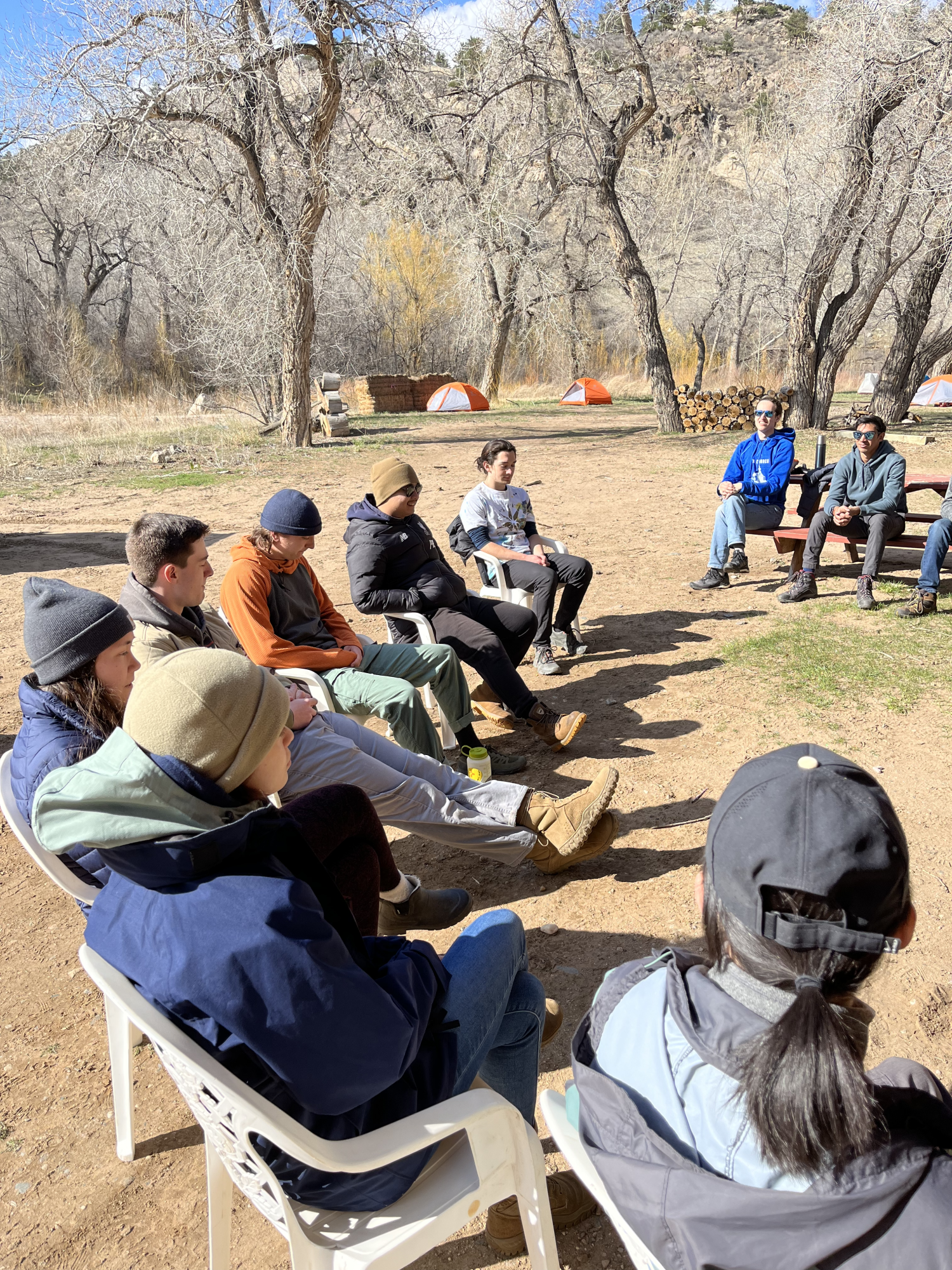 campground debrief, students reflect on their day at the Spring 2023 Experiential Leadership Intensive, Sylvan Dale Ranch, Loveland, CO.