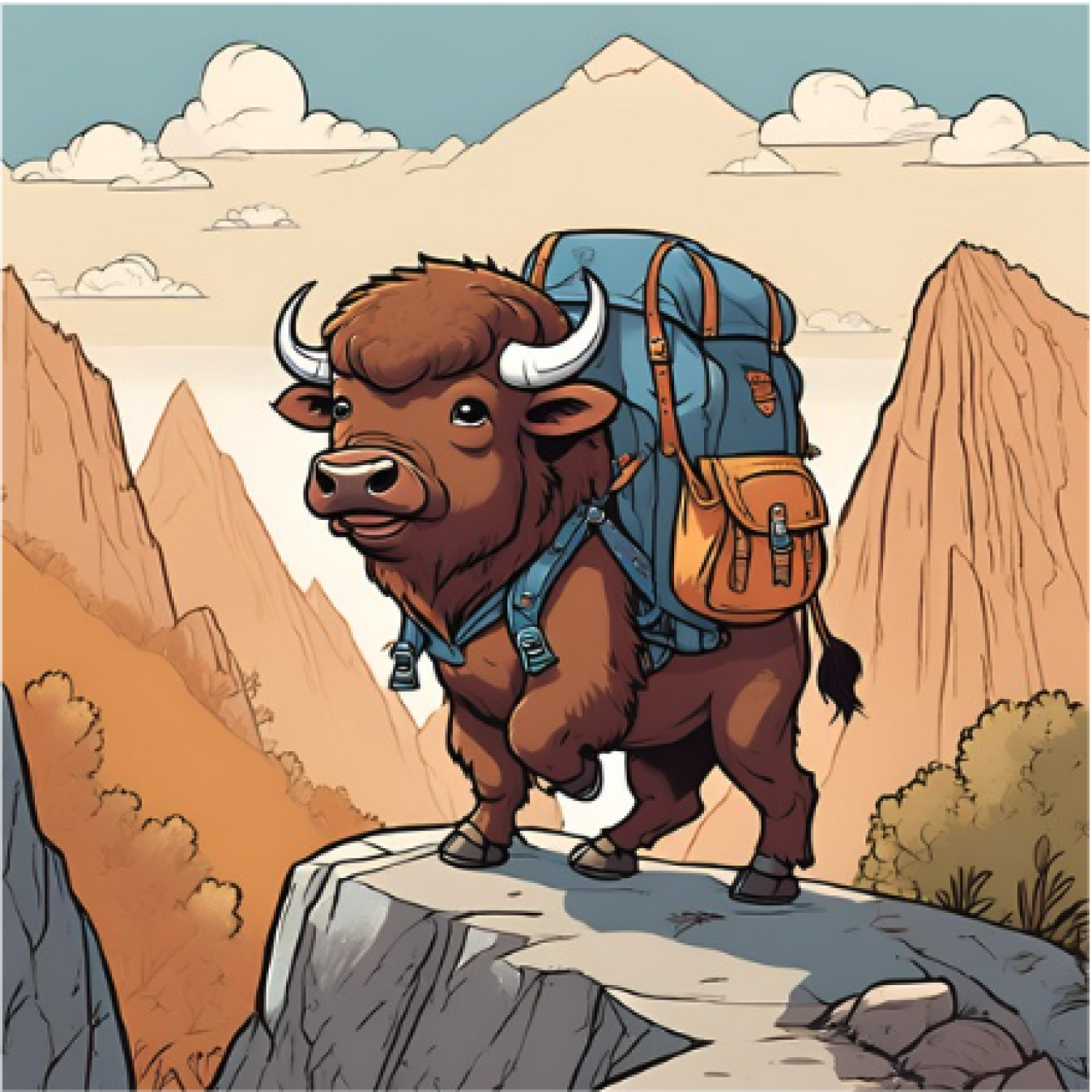 an illustration of a bison with a backpack on top of a mountain
