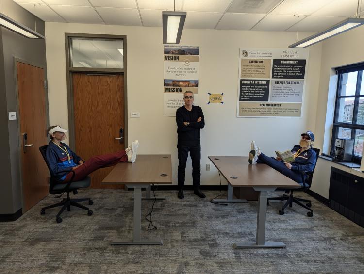 Center for Leadership staff dressed as Ted Lasso, Coach Beard, and Roy Kent