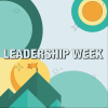 The words "Leadership Week" on a teal and yellow background of geometric mountain and sky