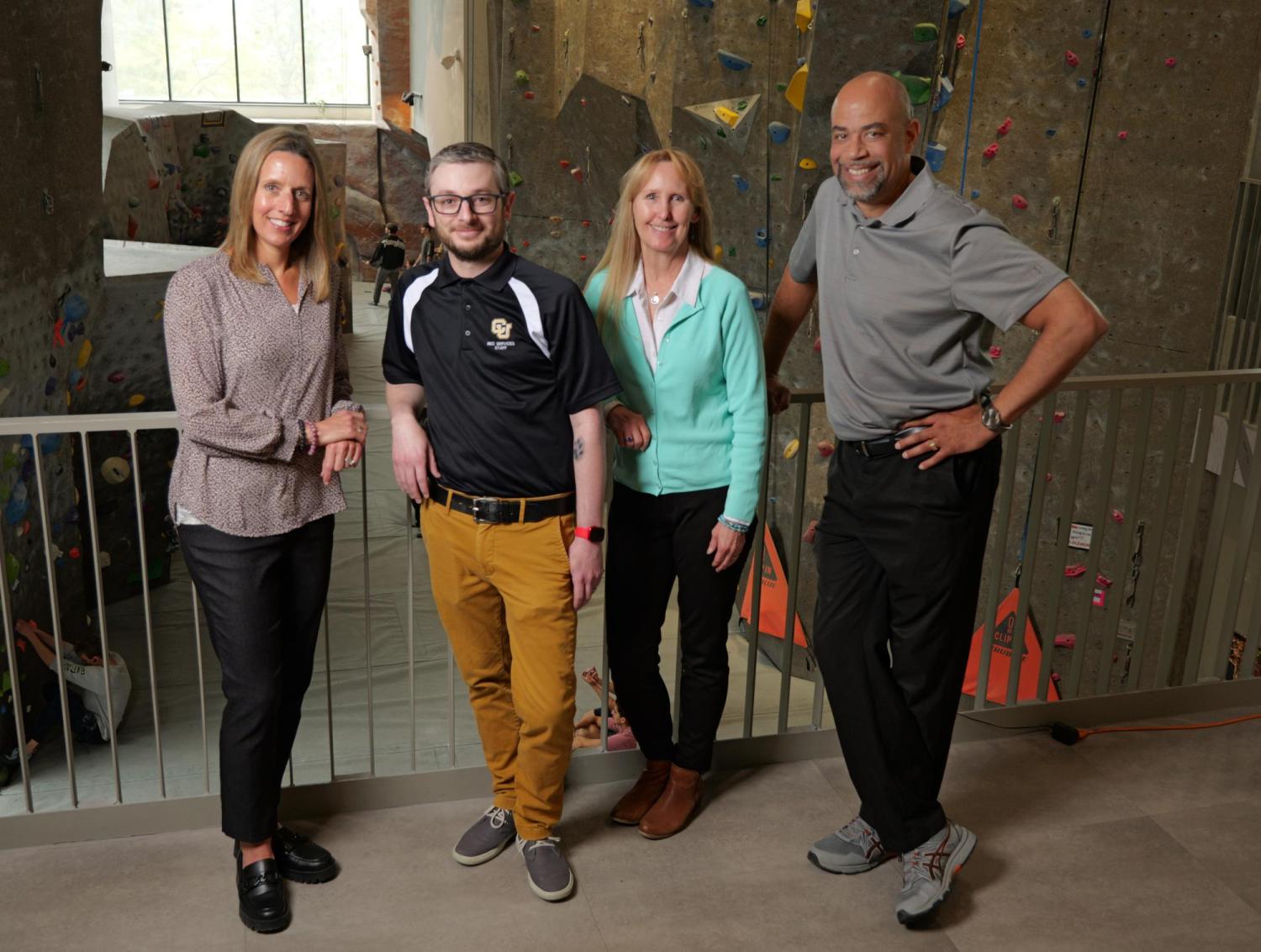 CU Student Recreation Center Associate Director of Recreation Programs Nicole LaRocque, Assistant Director of Guest Services and Strategic Planning Kyle Ginley, Associate Director of Events and Facility Operations Patty McConnell, and Director of Recreation Services Tony Price