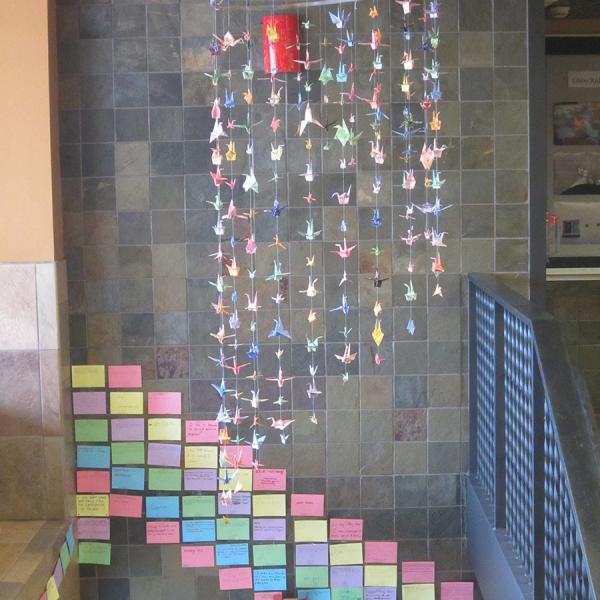 the result of a lot of Libby RAP students making origami cranes is a giant colorful mobile handing in our main stairwell.