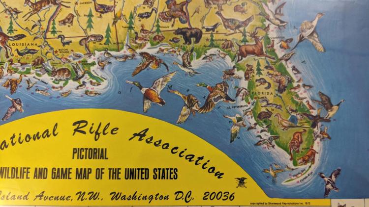 National Rifle Association “Pictorial Wildlife and Game Map of the United States,” 1972 showing illustrations of animal spaces across the US