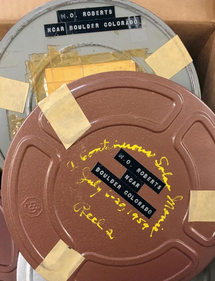 Movie reels in their old boxes from Walter Roberts Collection