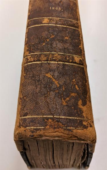 Leather-bound book with red rot