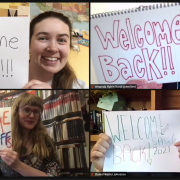 screen shot of librarians holding welcome back signs
