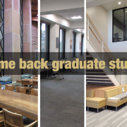 A photo with all 5 libraries and text that says, welcome back graduates.