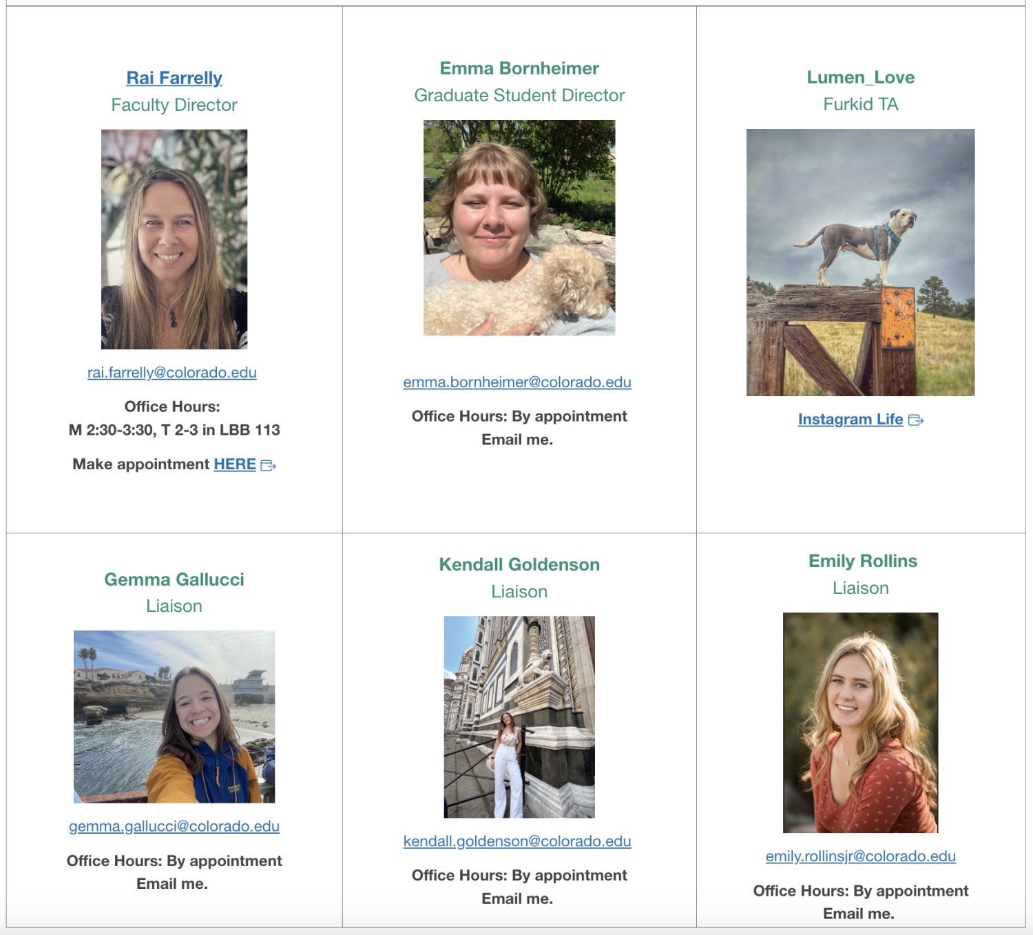 Picture with headshots of the leadership team and their email addresses