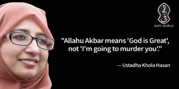 A woman in a hijab with the text "Allahu Akbar means 'God is great' not 'I'm going to murder you'."