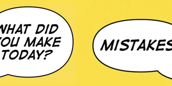 An image of two speech bubbles saying "What did you make today?" and "Mistakes."