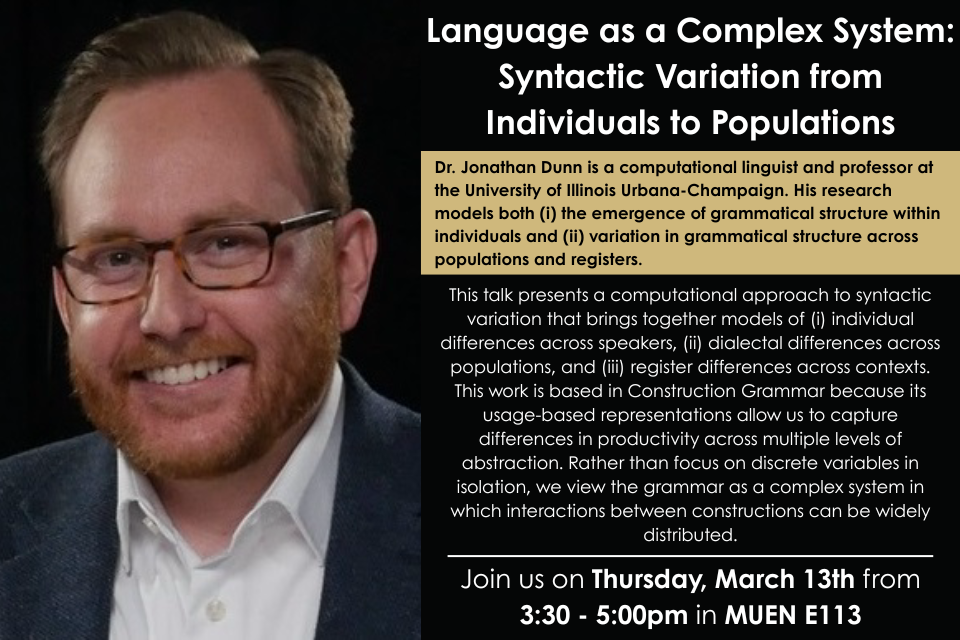 Image announcing Dr. Dunn's talk on Language as a Complex System: Syntactic Variation from Individuals to Populations