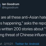 A tweet about anti-asian hate