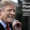 Donald Trump with the text "What is plausible deniability and how is Trump using it today?"