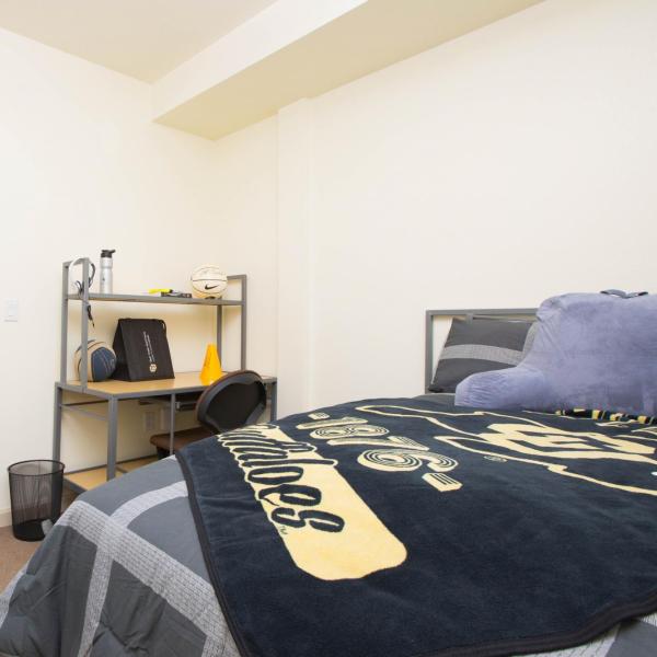 Single Bear Creek Room with bed, desk, chair, bathroom, carpet, window, dresser