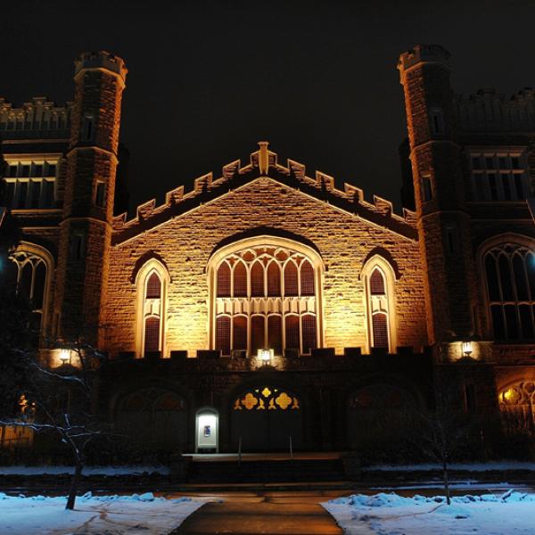 Night view of front face of Macky with snow on ground