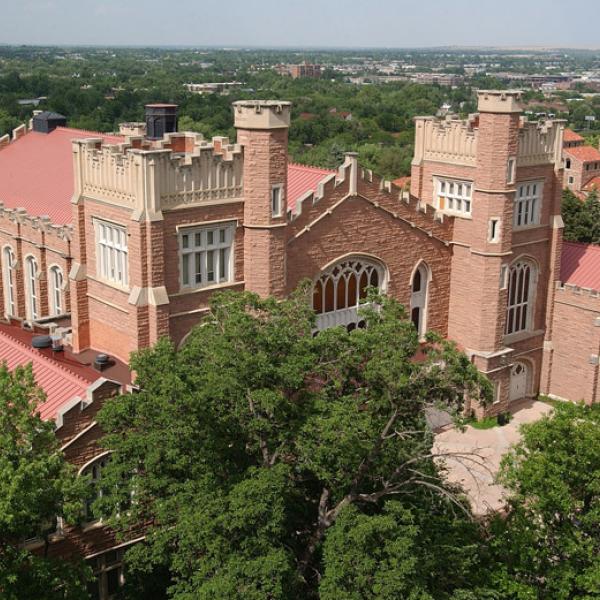 View of Macky Auditorium from Old Main. (Photo by Casey A. Cass/University of Colorado)