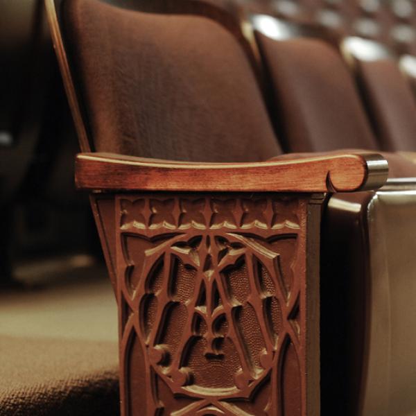 Engraving detail on Macky seats (Photo by Casey A. Cass/University of Colorado)